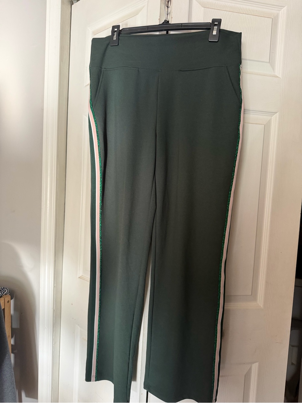 Saint and Sofia Ponte Forest Green Wide-Leg Pants with Side Stripe xl